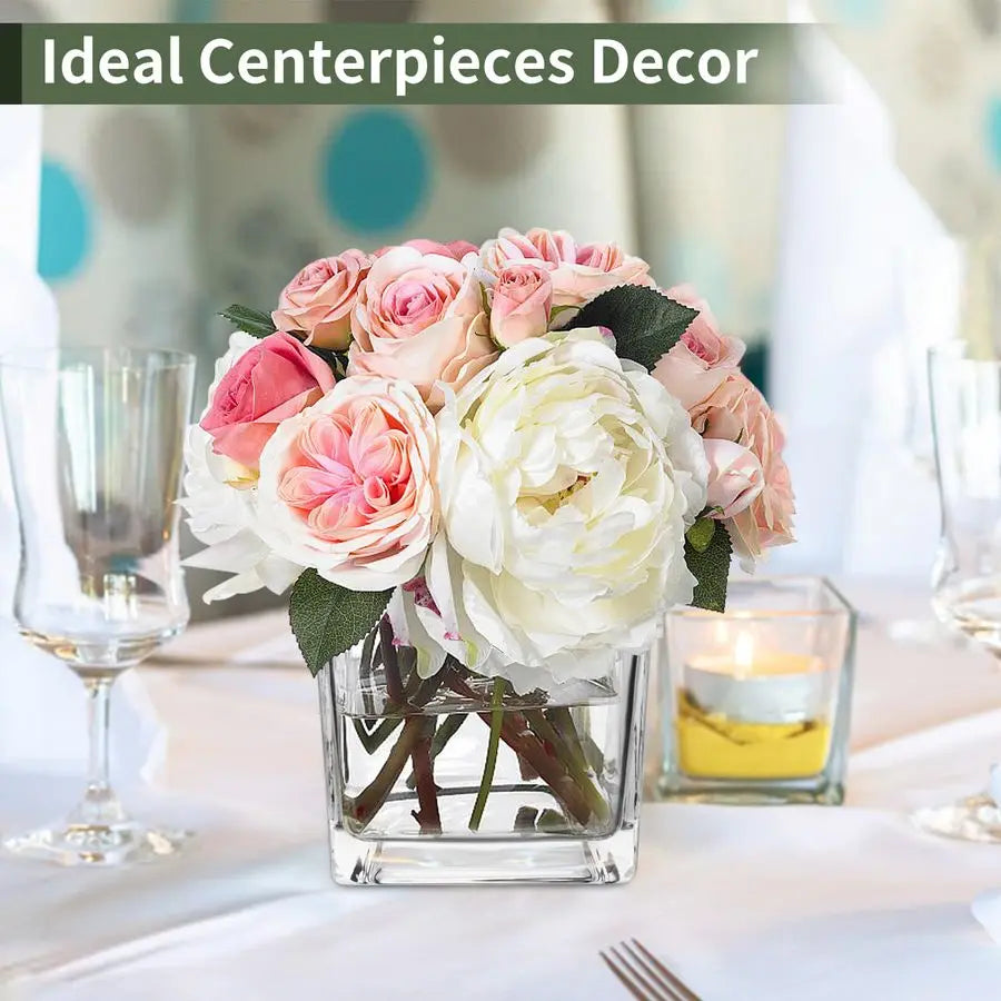 6 Pack Square Glass Vases 5 x 5 x 5 Inch, Clear Cube