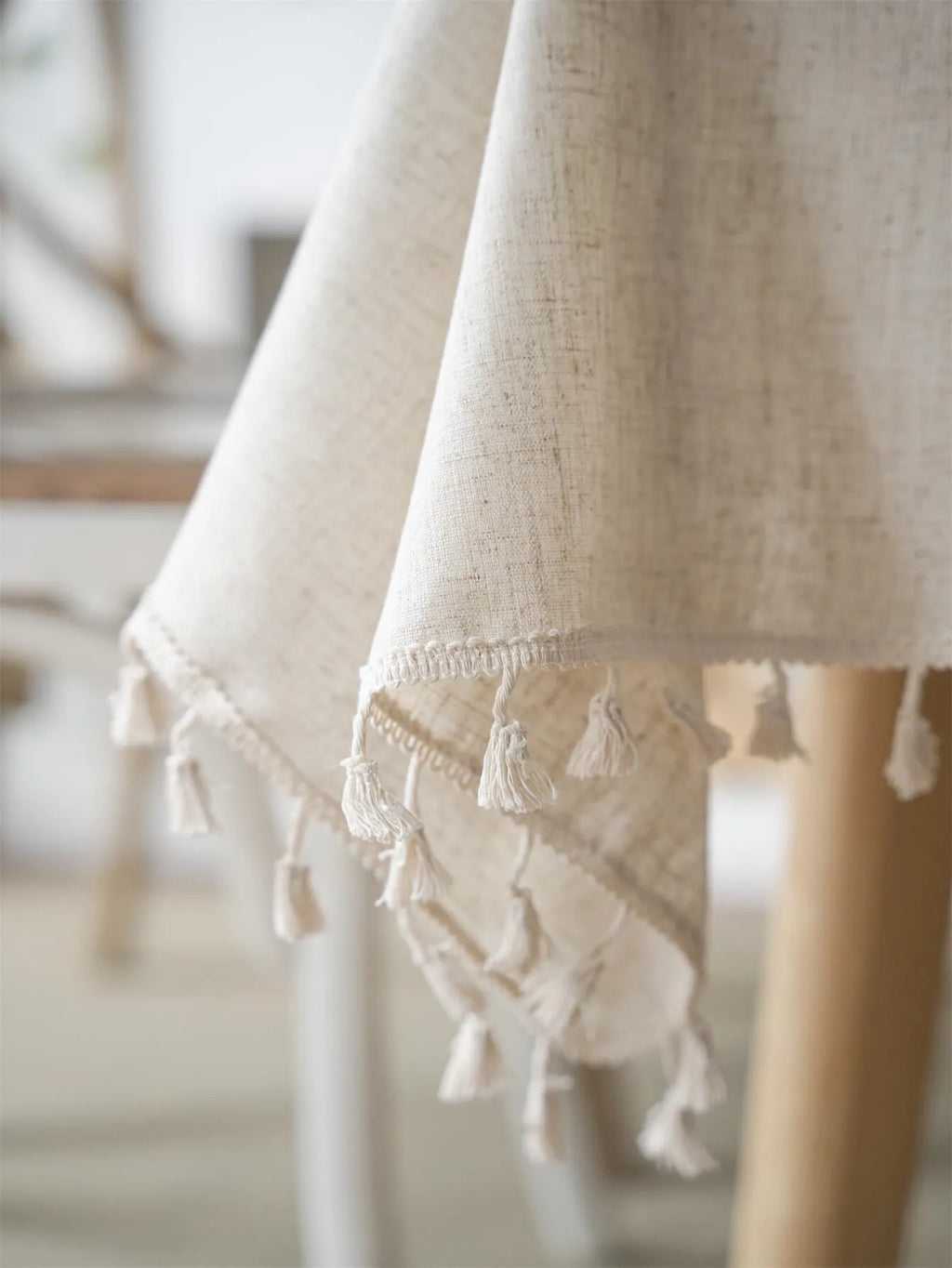 Four seasons universal linen solid color rectangular tablecloth Beige fringe