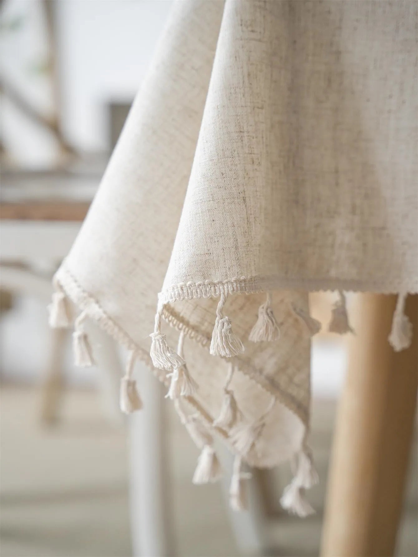 Four seasons universal linen solid color rectangular tablecloth Beige fringe