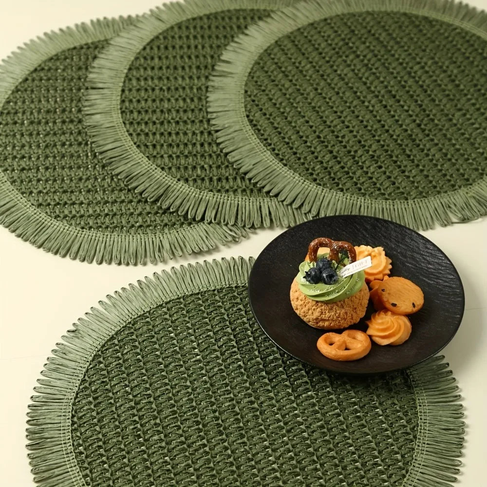 4/6pcs Bohemian Farmhouse Round Placemats with Tassels - Green Linen Grid Pattern