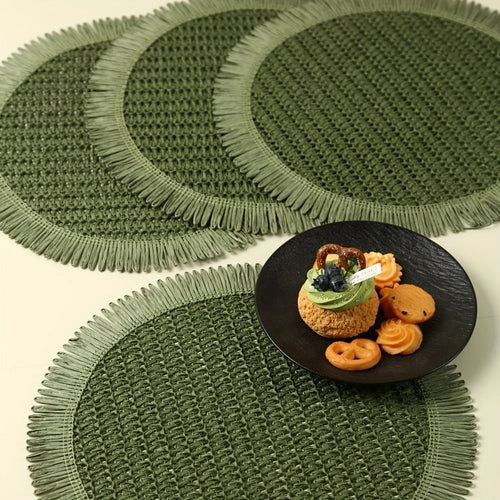 4/6pcs Bohemian Farmhouse Round Placemats with Tassels - Green Linen Grid Pattern