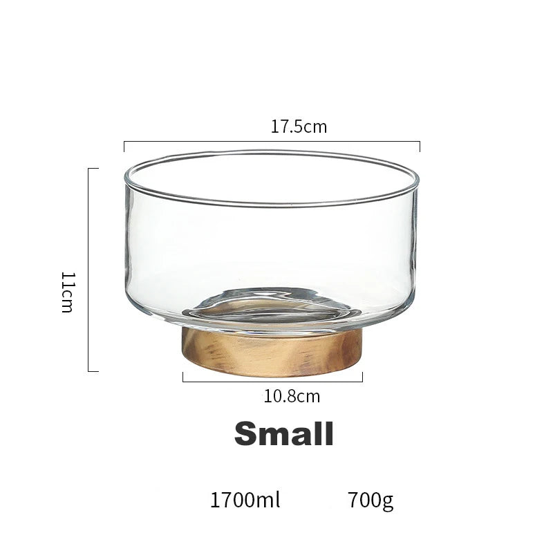 Glass Fruit Bowl Fashionable Brief Salad Plate Wood Base Snacks Nuts Storage Bowls Home