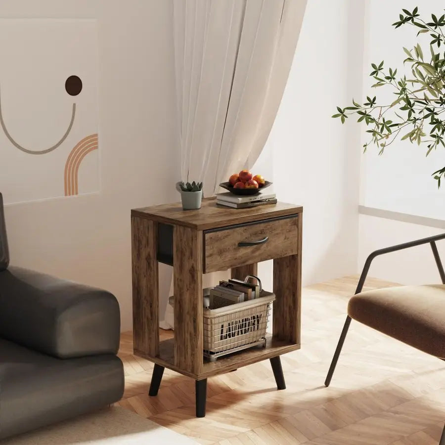 Nightstand Set of 2 with Fabric Drawers and Open Shelves