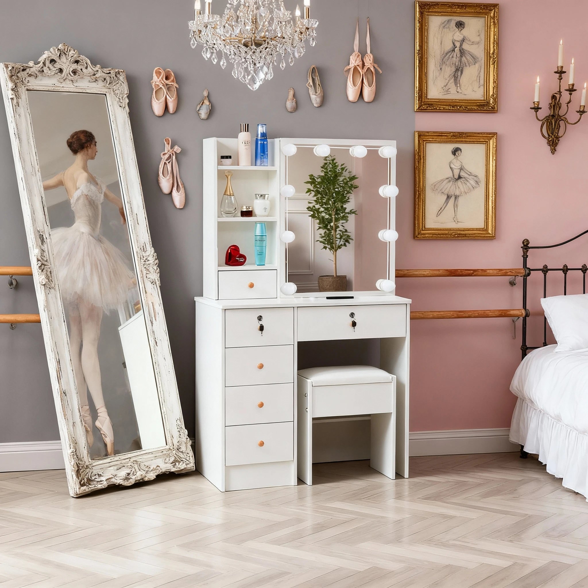 Vanity Makeup Table Dressing Desk Set 10 LED Lighted Sliding Mirror with Stool