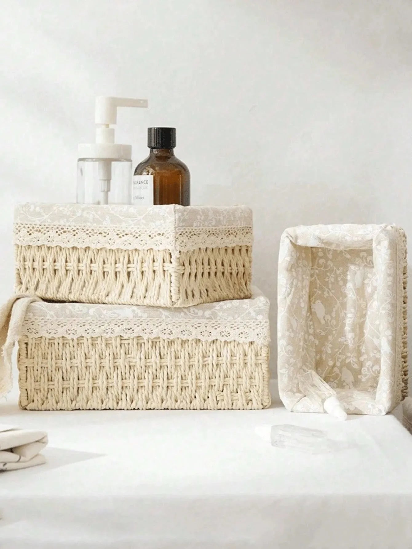3Pcs  Woven Storage Baskets W/&W/O Cover