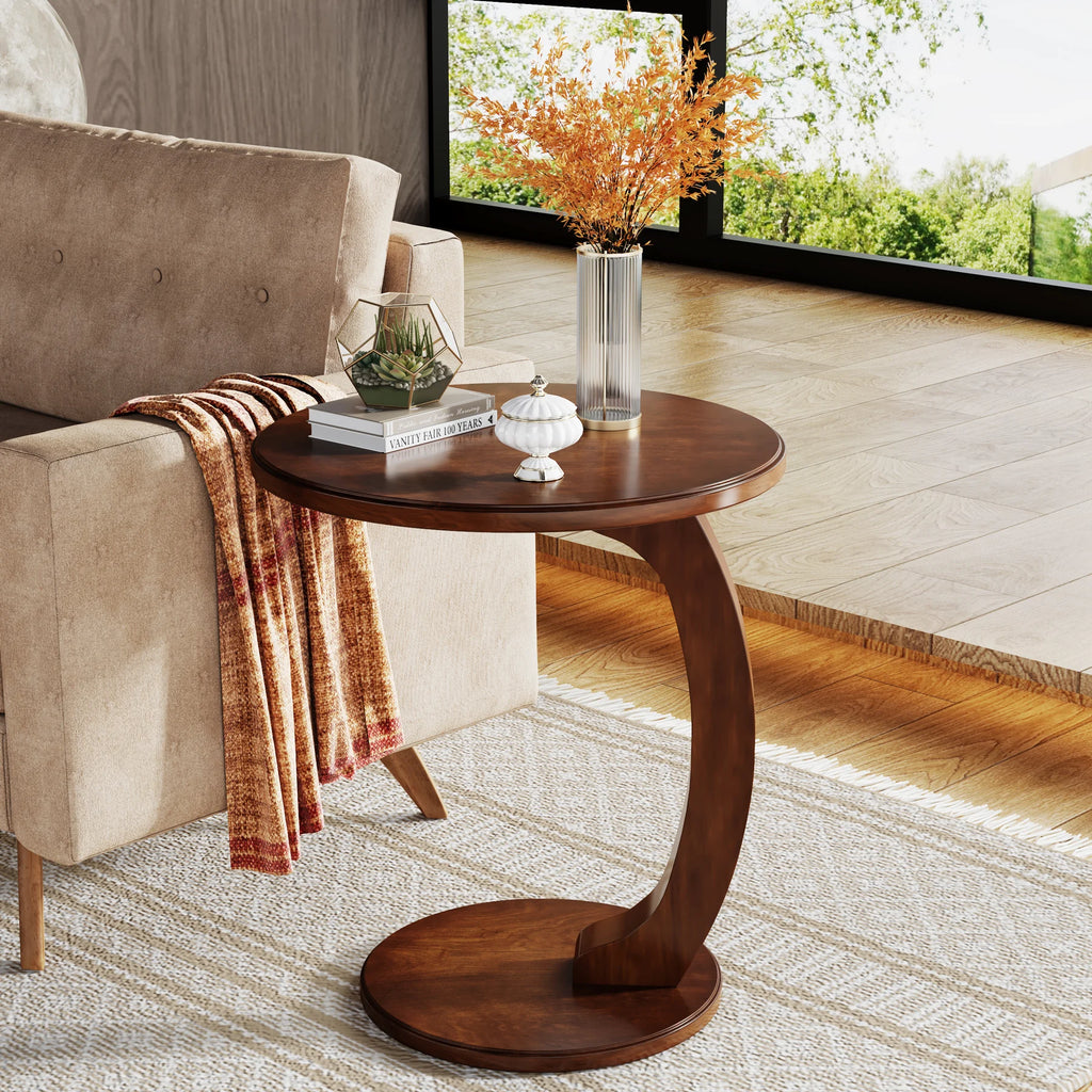 Tribesigns Round End Table, Wood C-Shaped Side Table
