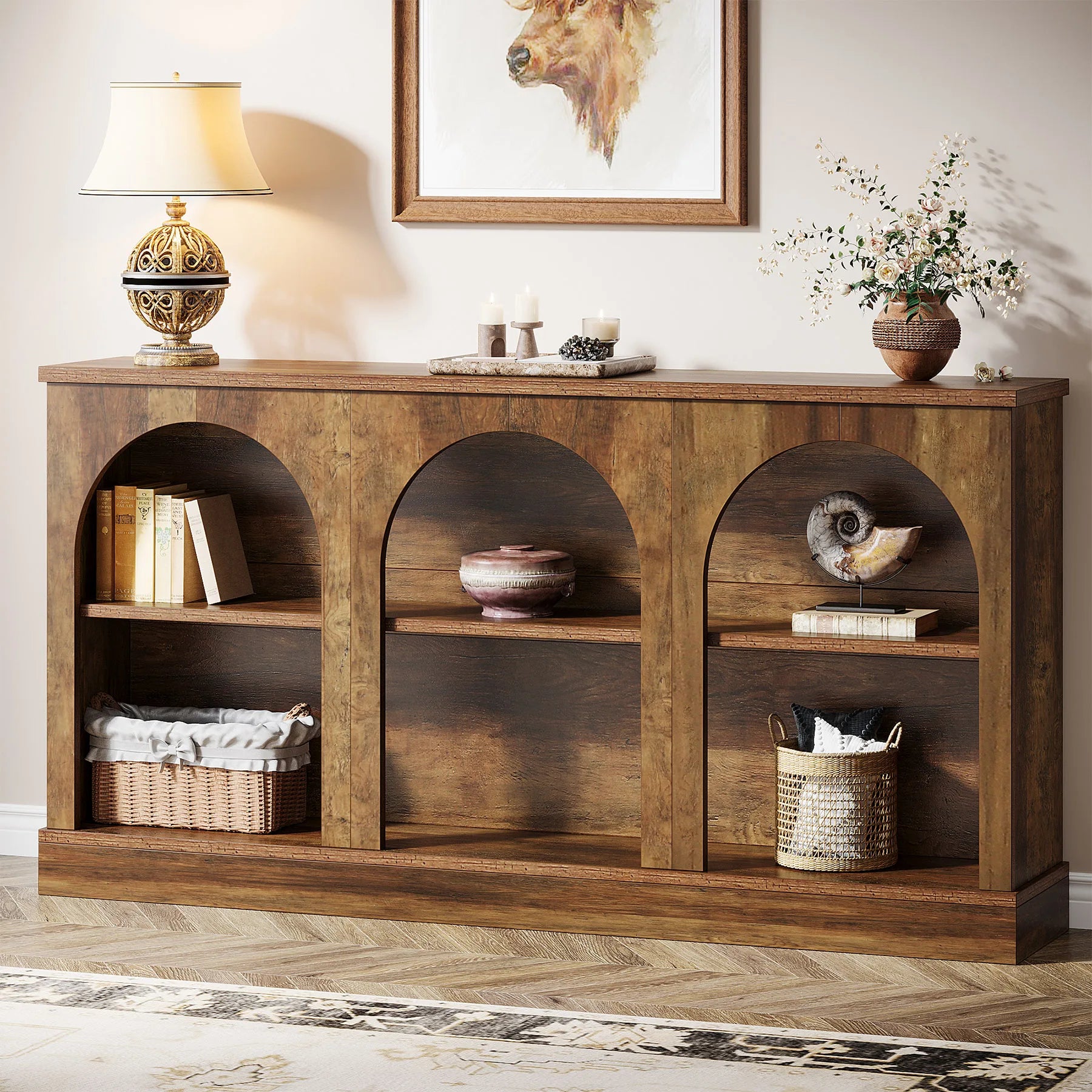 Tribesigns Farmhouse Console Table, 63-Inch Long Entryway Table with 3 Tier Storage, Wooden