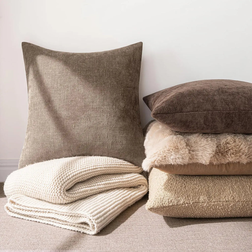 Soft Chenille Throw Pillow Covers, Neutral Farmhouse Style, 20x20 Pack of 2