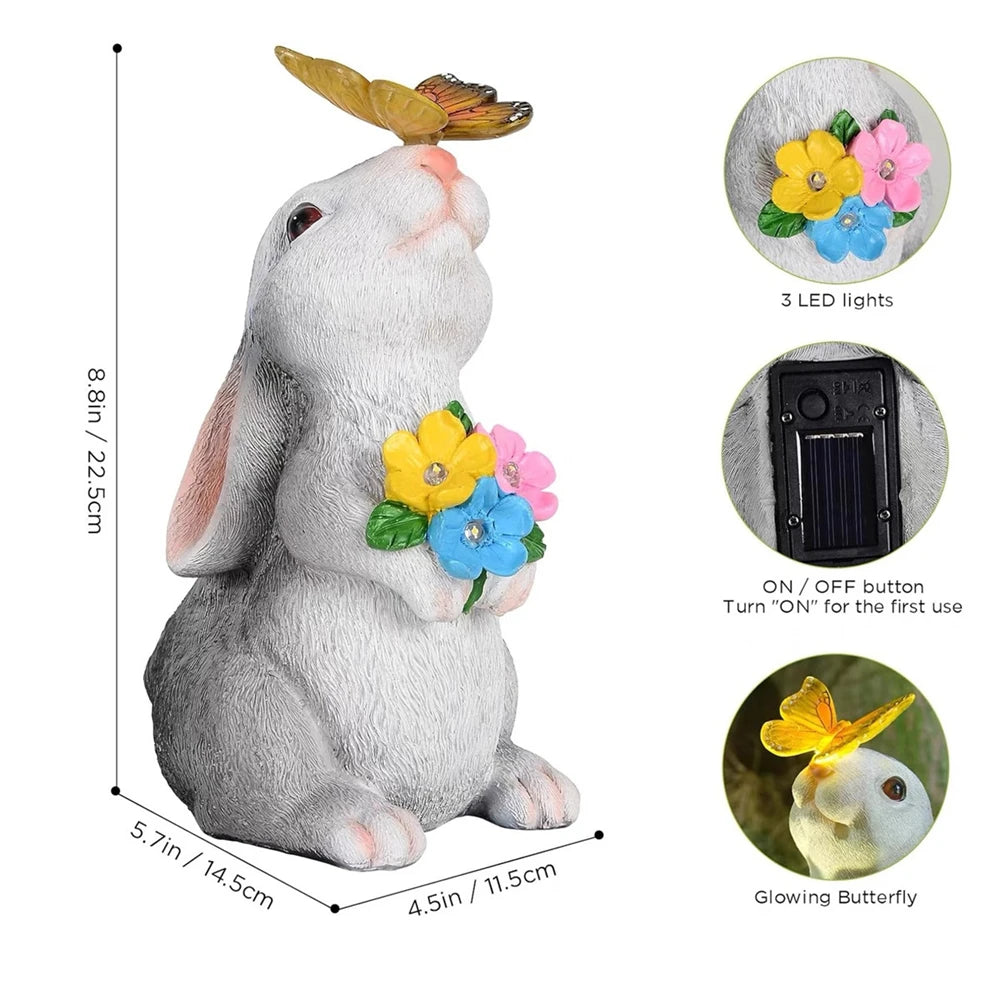 Solar Bunny Statue Garden Decor with Butterfly LED Lighimal Sculpture Figurine Outdoor Decoration for Garden Courtyard