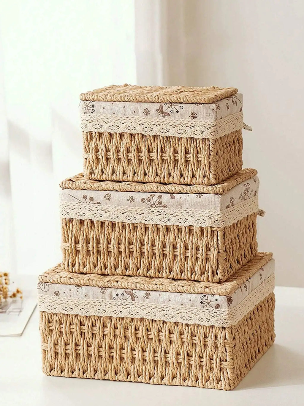 3Pcs  Woven Storage Baskets W/&W/O Cover