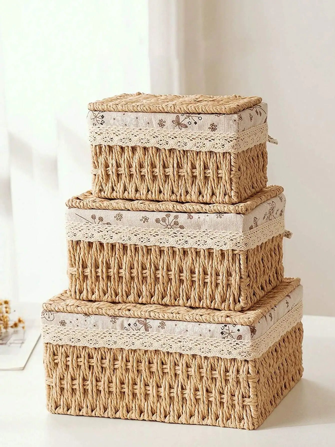 3Pcs  Woven Storage Baskets W/&W/O Cover