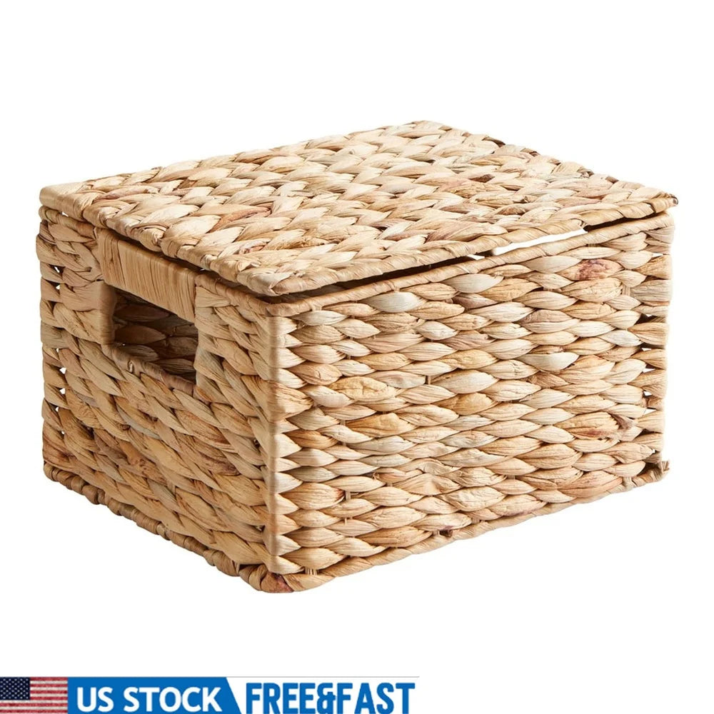 Natural Hyacinth Basket with Lid Storage Organizer Handmade Woven BaskeStorage