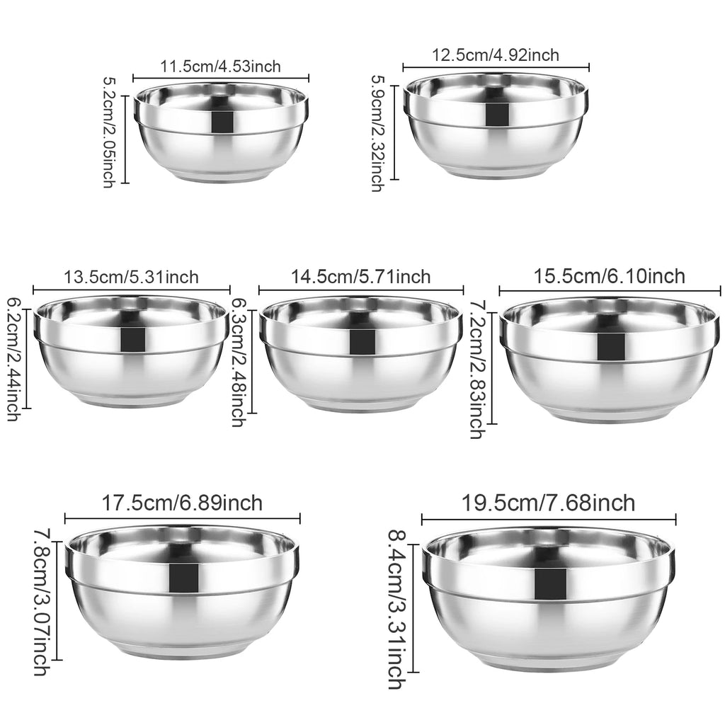 5pcs, Double layer stainless steel bowl, insulated and heat-resistant, durable metal bowl, mirror polished