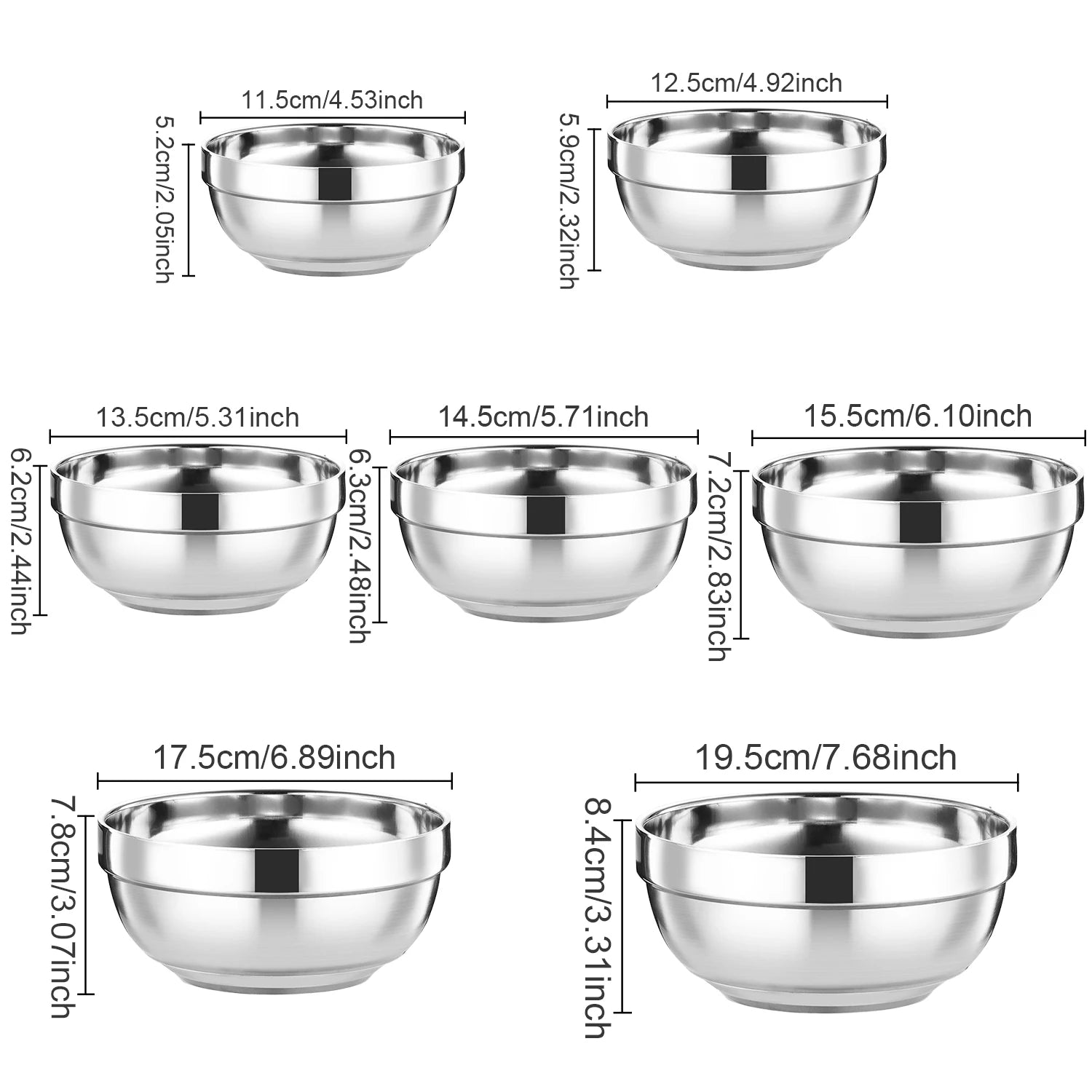 5pcs, Double layer stainless steel bowl, insulated and heat-resistant, durable metal bowl, mirror polished