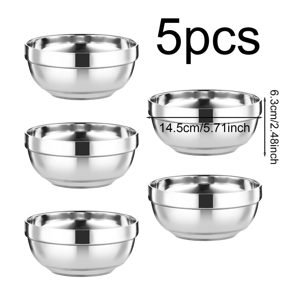 5pcs, Double layer stainless steel bowl, insulated and heat-resistant, durable metal bowl, mirror polished