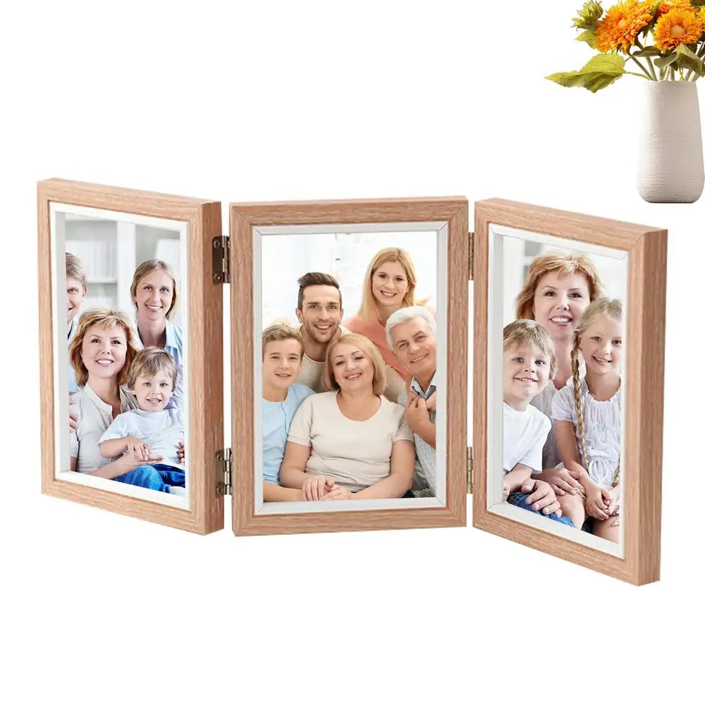 Three Photo Frame Rustic Folding Triple Photo Frame Family Picture Collage Hinged Folding 4x6 Three Opening Photo