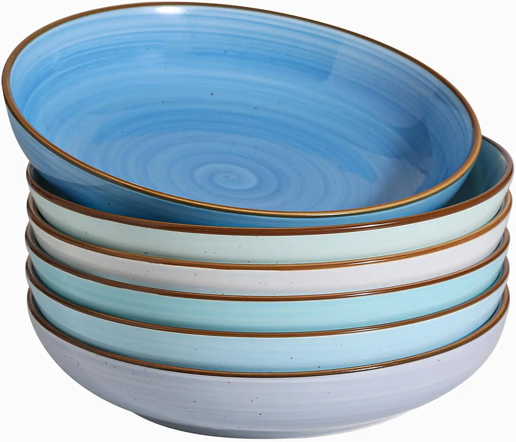 8.5'' Ceramic Pasta Bowls Set of 6, 30 oz Shallow Salad & Soup, Microwave & Dishwasher Safe Dinnerware in Gradient Blue