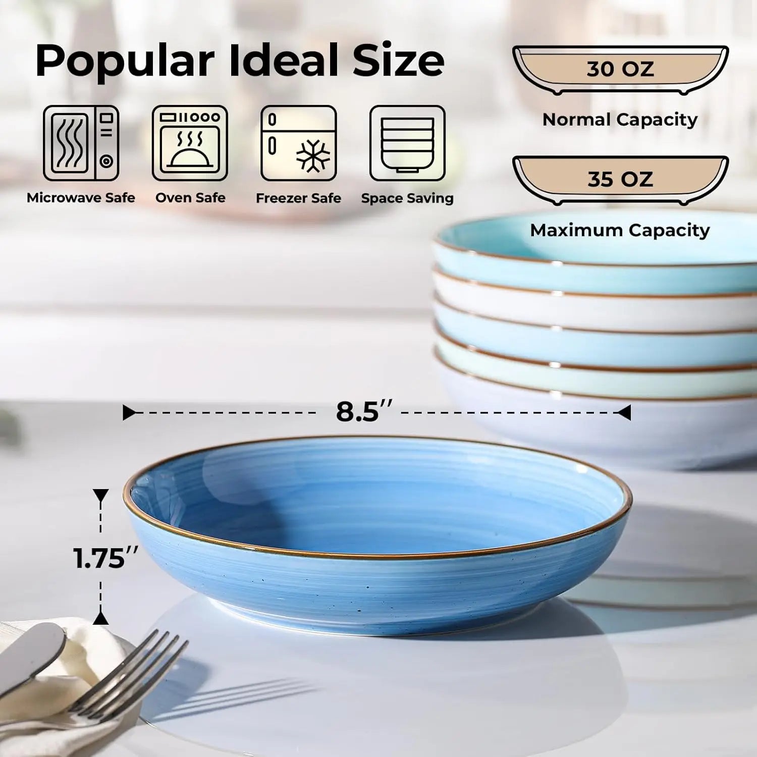 8.5'' Ceramic Pasta Bowls Set of 6, 30 oz Shallow Salad & Soup, Microwave & Dishwasher Safe Dinnerware in Gradient Blue