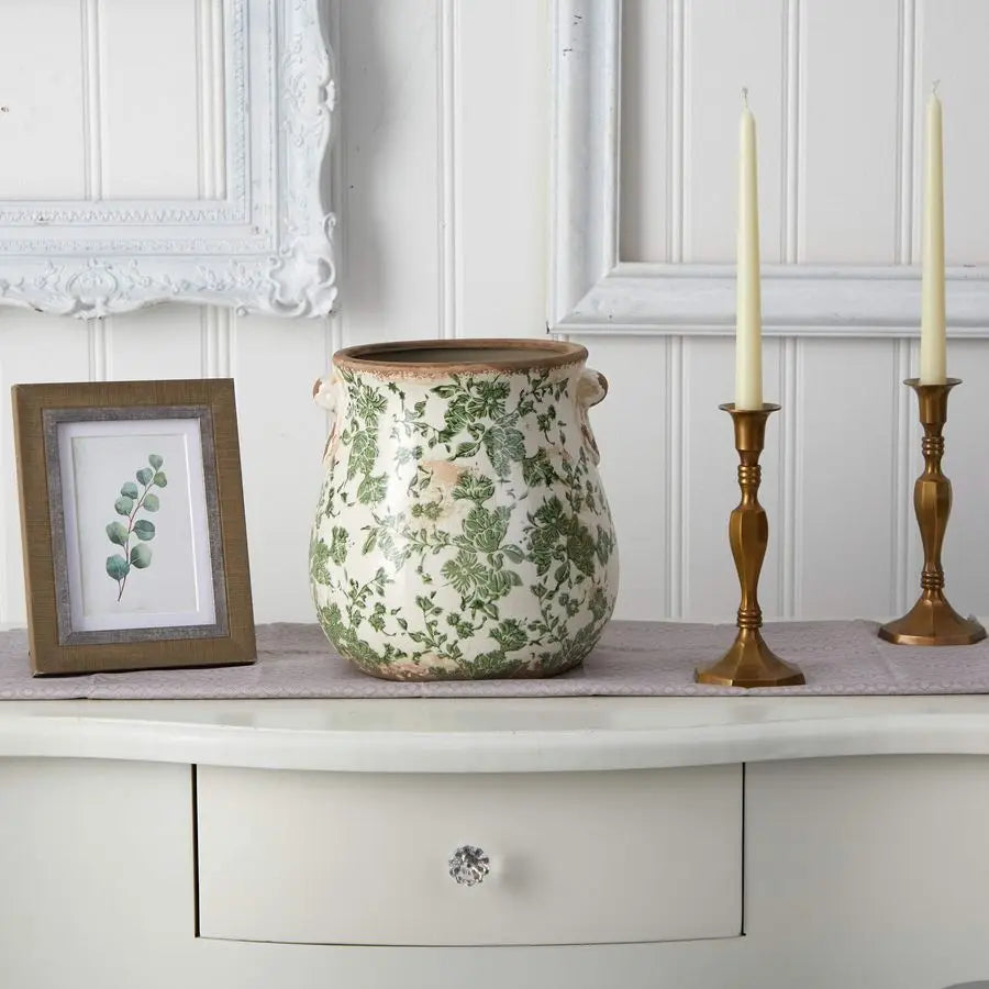 Natural 10in Ceramic Decorative Vase, Tuscan Style Green Scroll Design