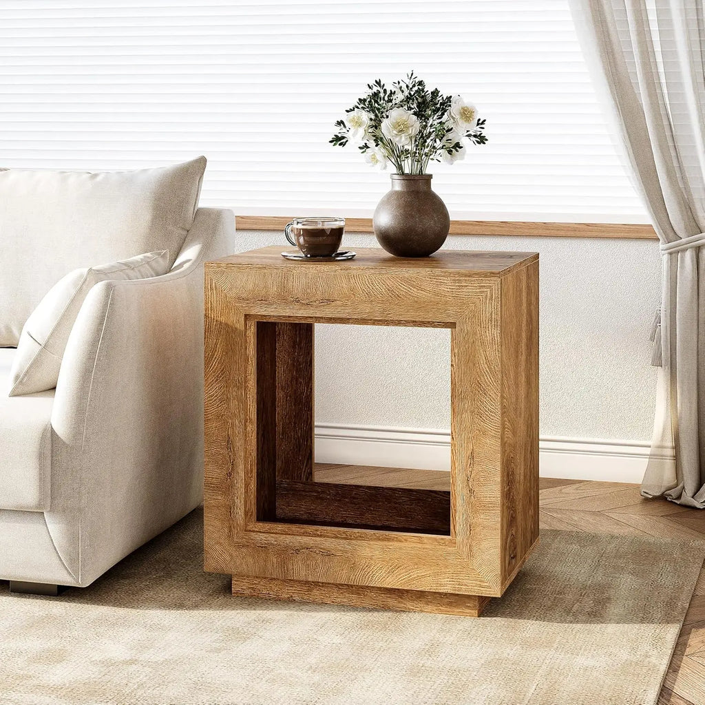 LITTLE TREE End Table, Wooden Square Side Table, Farmhouse Sofa Side Tables for Living Room, 2-Tier Bedside Table for Bedroom