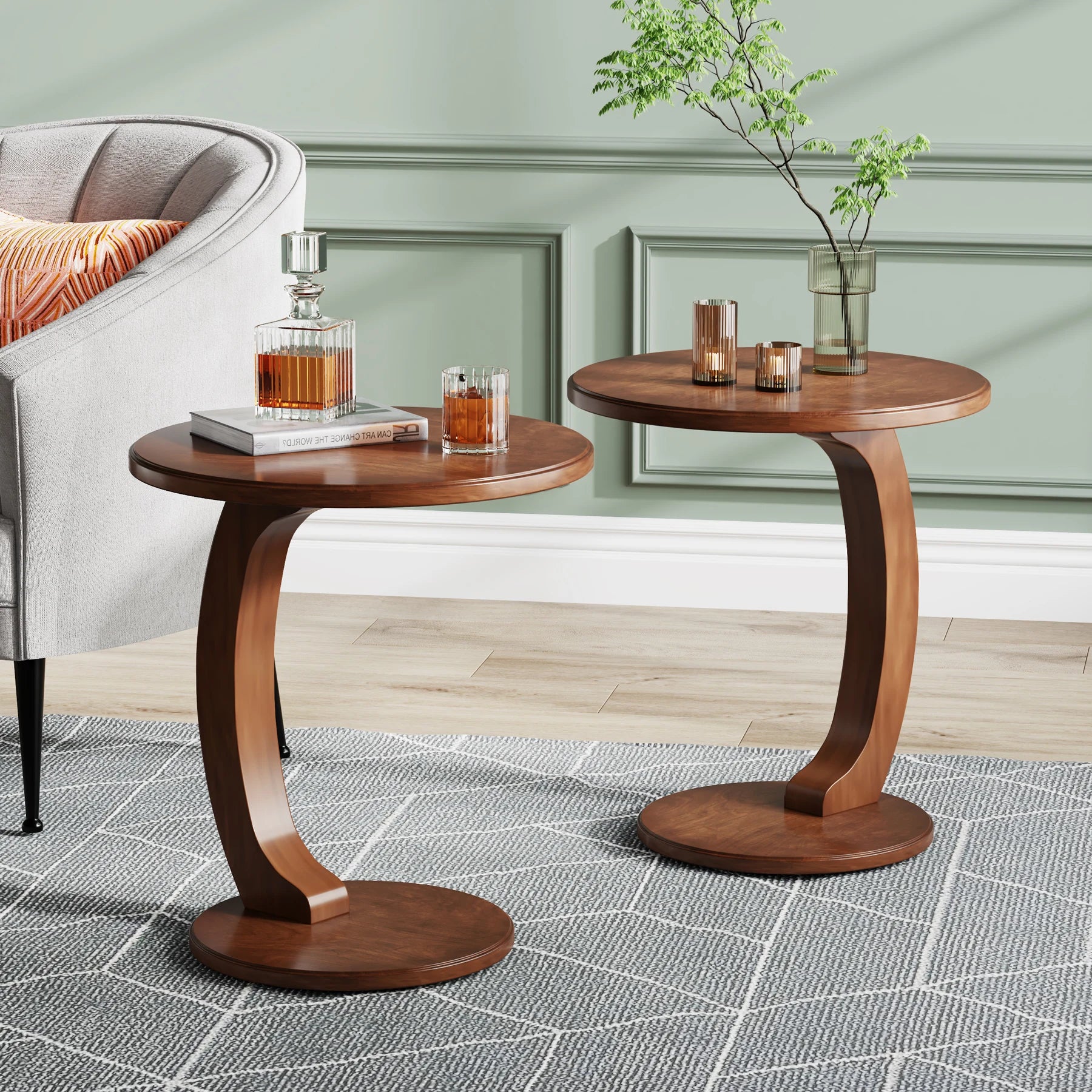 Tribesigns Round End Table, Wood C-Shaped Side Table