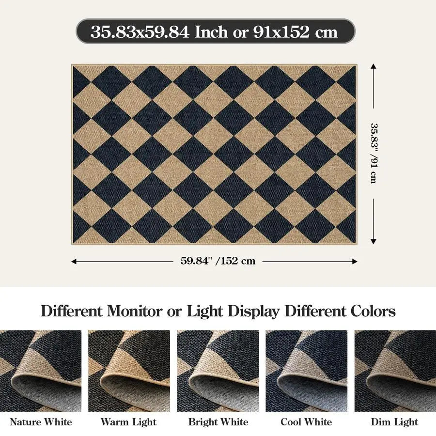 Checkered Easy Jute 3x5 Outdoor Patio Rug, Washable Rugs Indoor