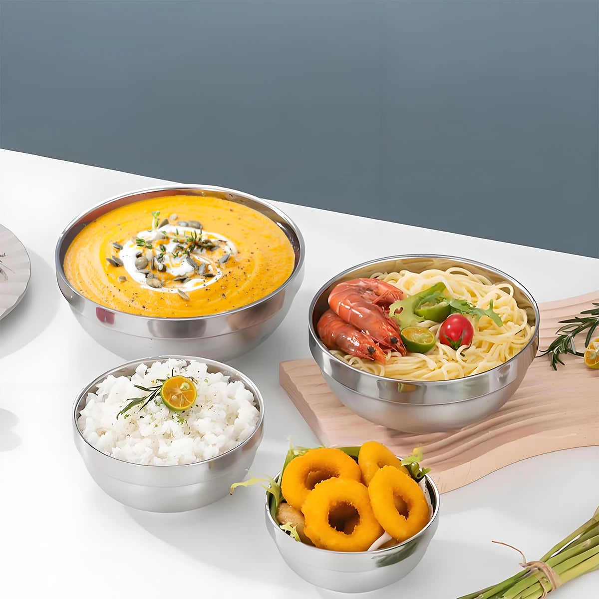 5pcs, Double layer stainless steel bowl, insulated and heat-resistant, durable metal bowl, mirror polished