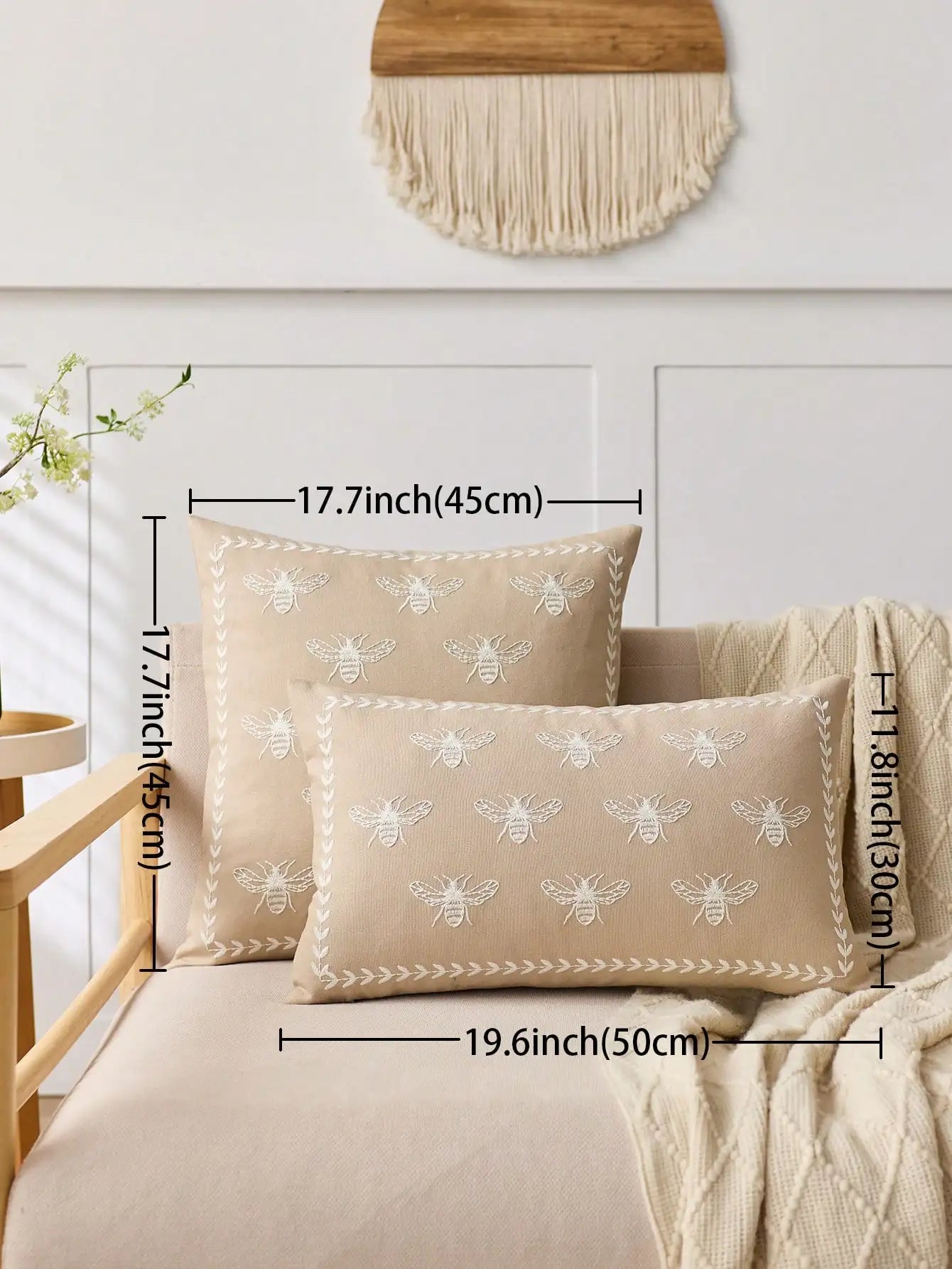 Beige Embroidered Bee Pillow Cover 1pc Indoor