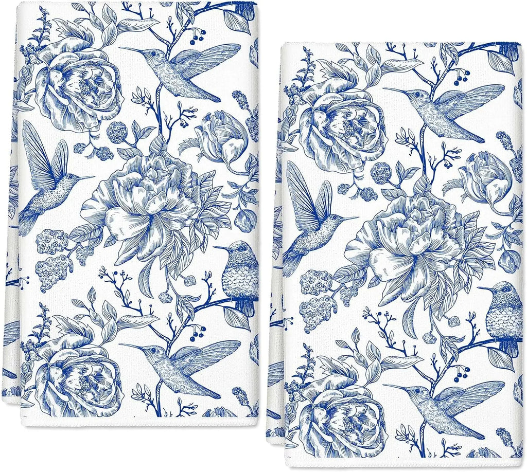 Chinoiserie Floral Kitchen Towels Blue White Flowers Bird Dish Towels