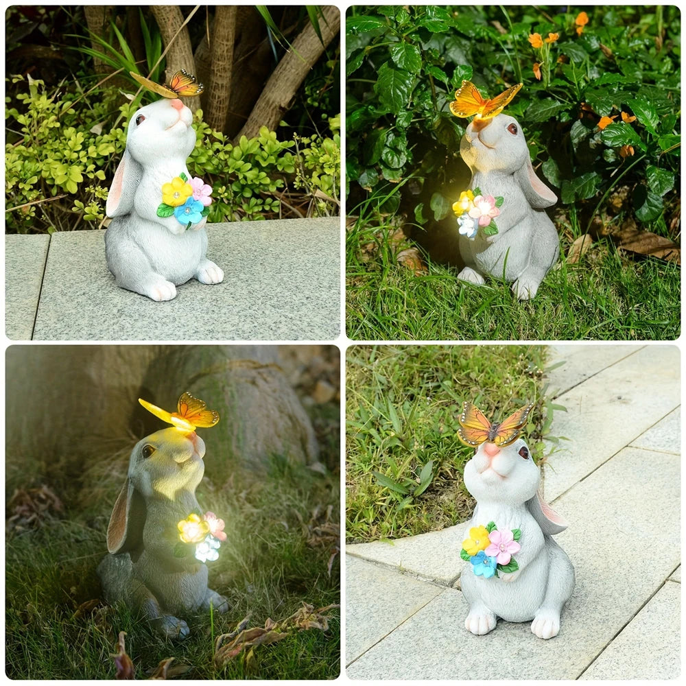 Solar Bunny Statue Garden Decor with Butterfly LED Lighimal Sculpture Figurine Outdoor Decoration for Garden Courtyard