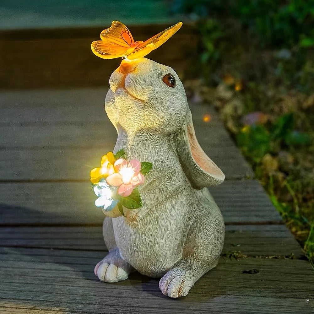 Solar Bunny Statue Garden Decor with Butterfly LED Lighimal Sculpture Figurine Outdoor Decoration for Garden Courtyard