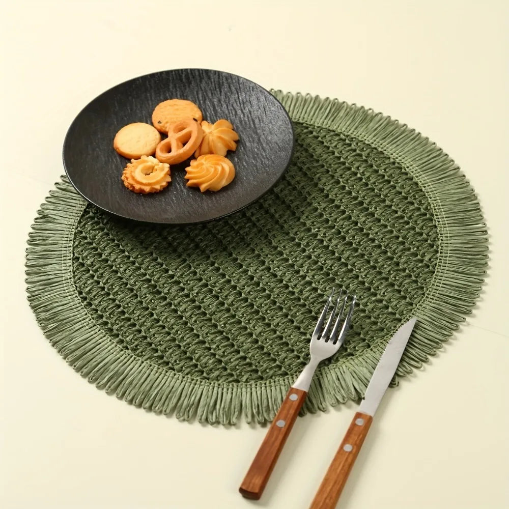 4/6pcs Bohemian Farmhouse Round Placemats with Tassels - Green Linen Grid Pattern