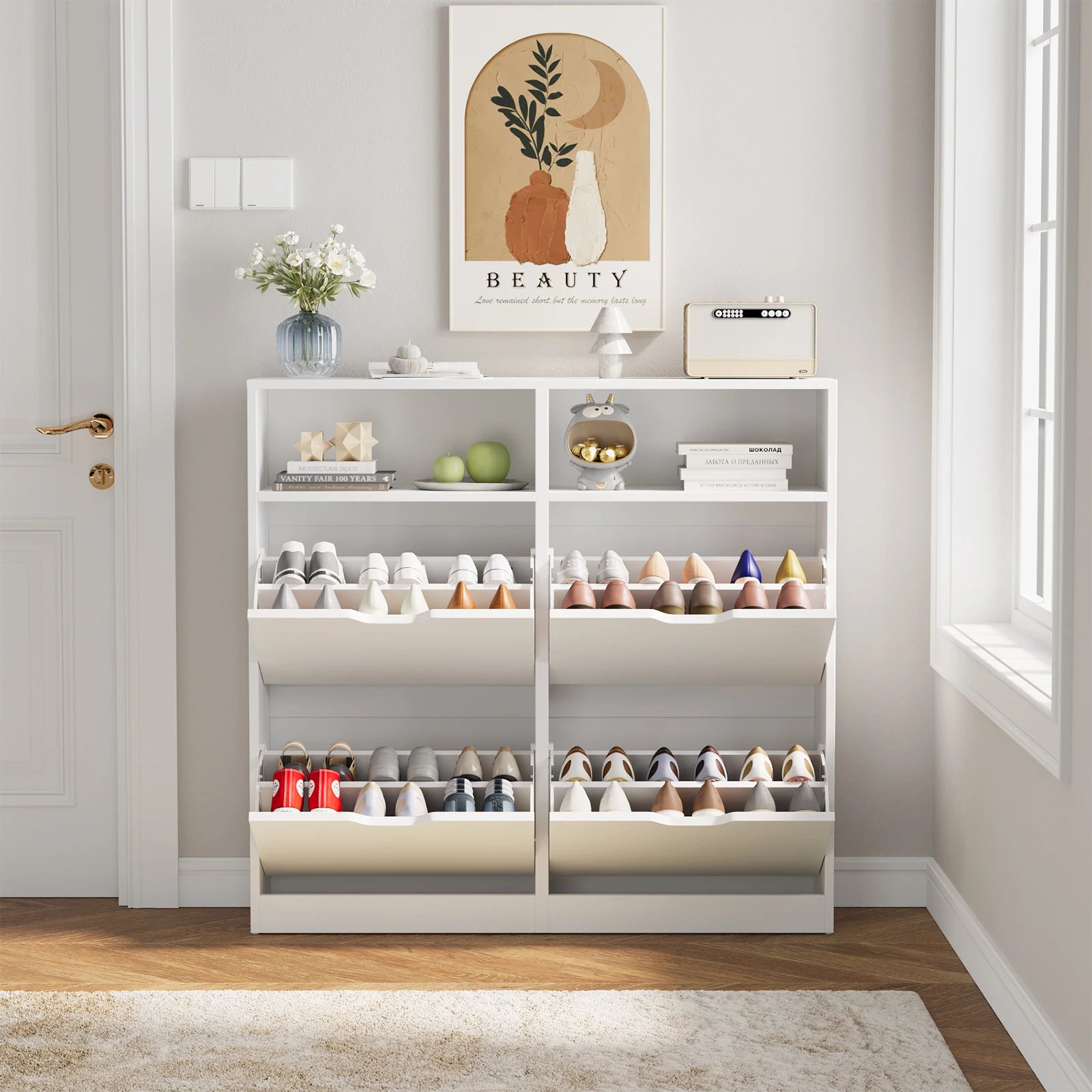 VOWNER Shoe Storage Cabinet with 4 Flip Drawers, Freestanding Shoe Cabinet