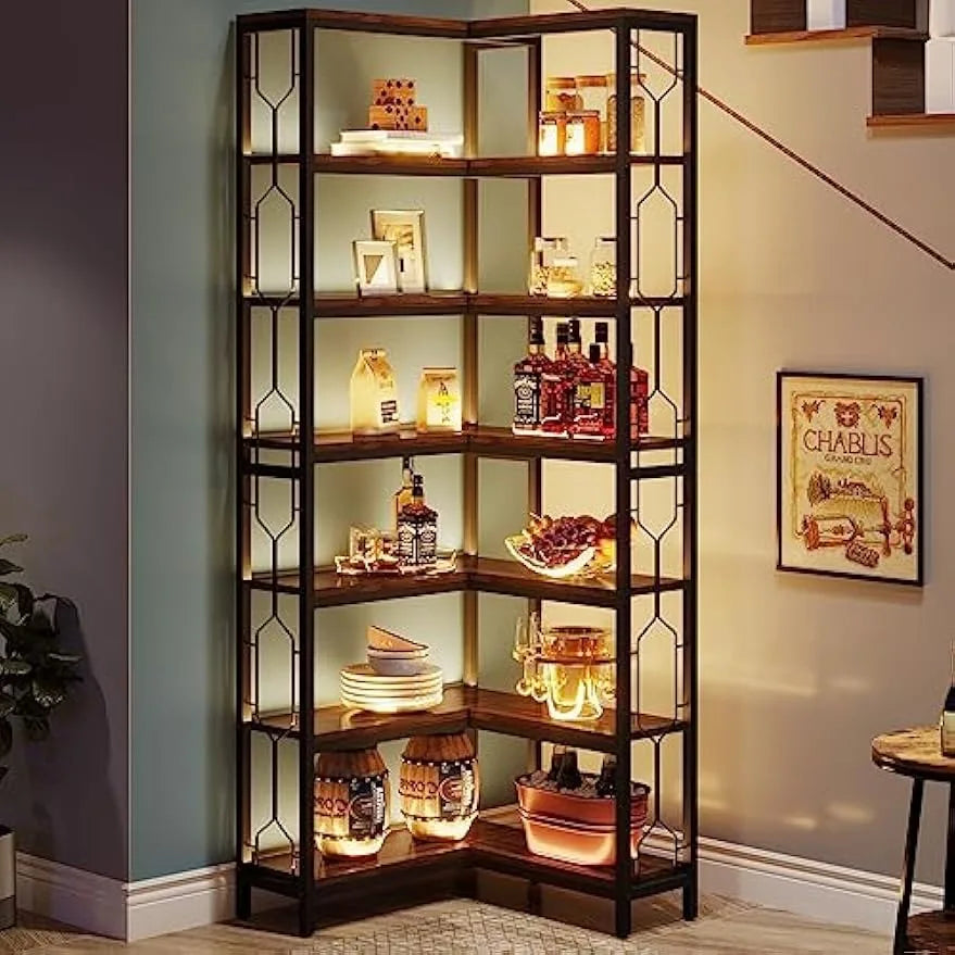 Corner Shelf, 7-Tier Industrial Corner Bookshelf, Freestanding Display Shelf