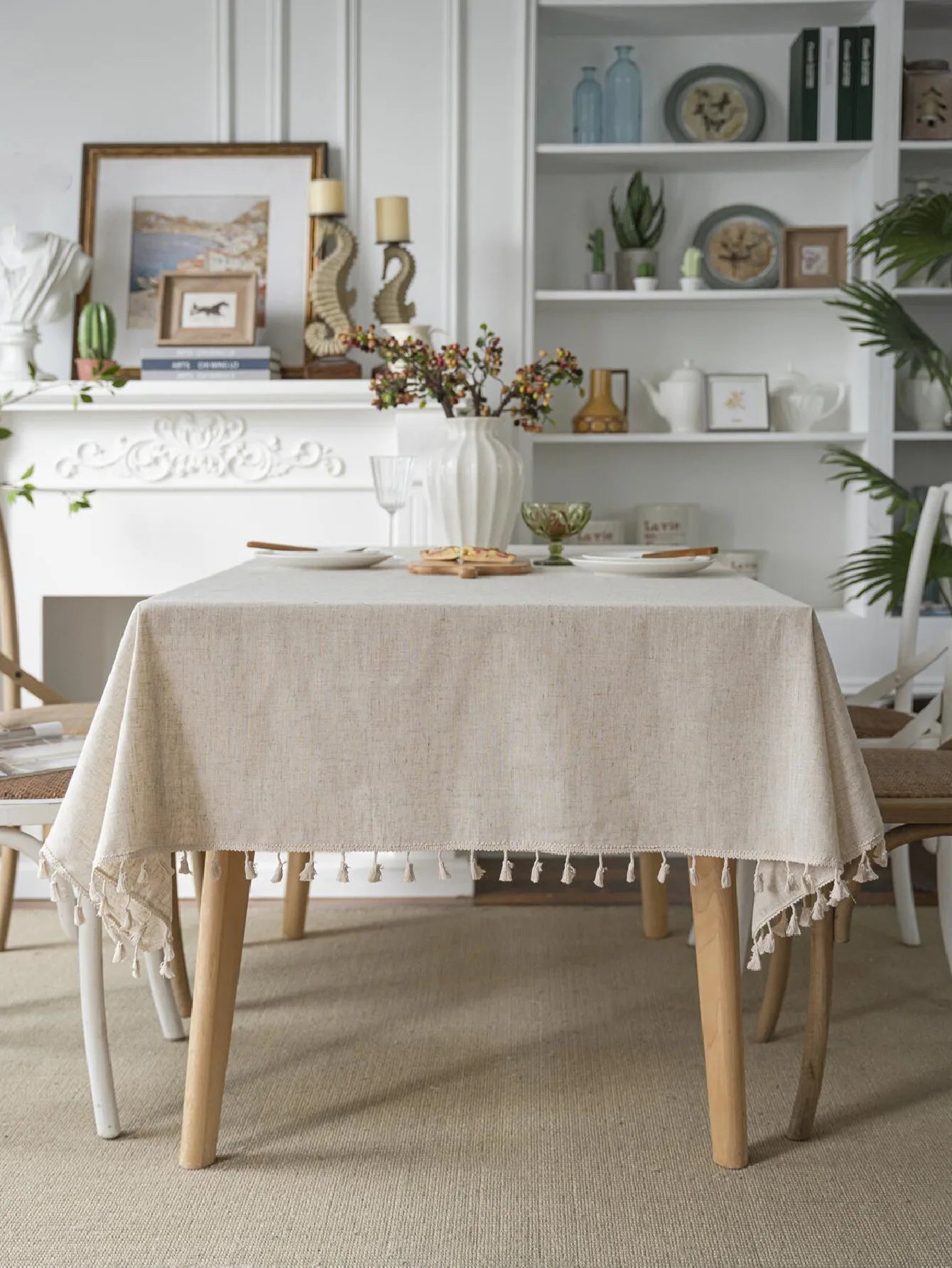 Four seasons universal linen solid color rectangular tablecloth Beige fringe