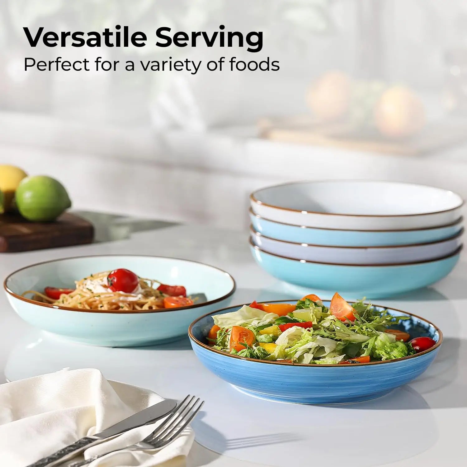 8.5'' Ceramic Pasta Bowls Set of 6, 30 oz Shallow Salad & Soup, Microwave & Dishwasher Safe Dinnerware in Gradient Blue
