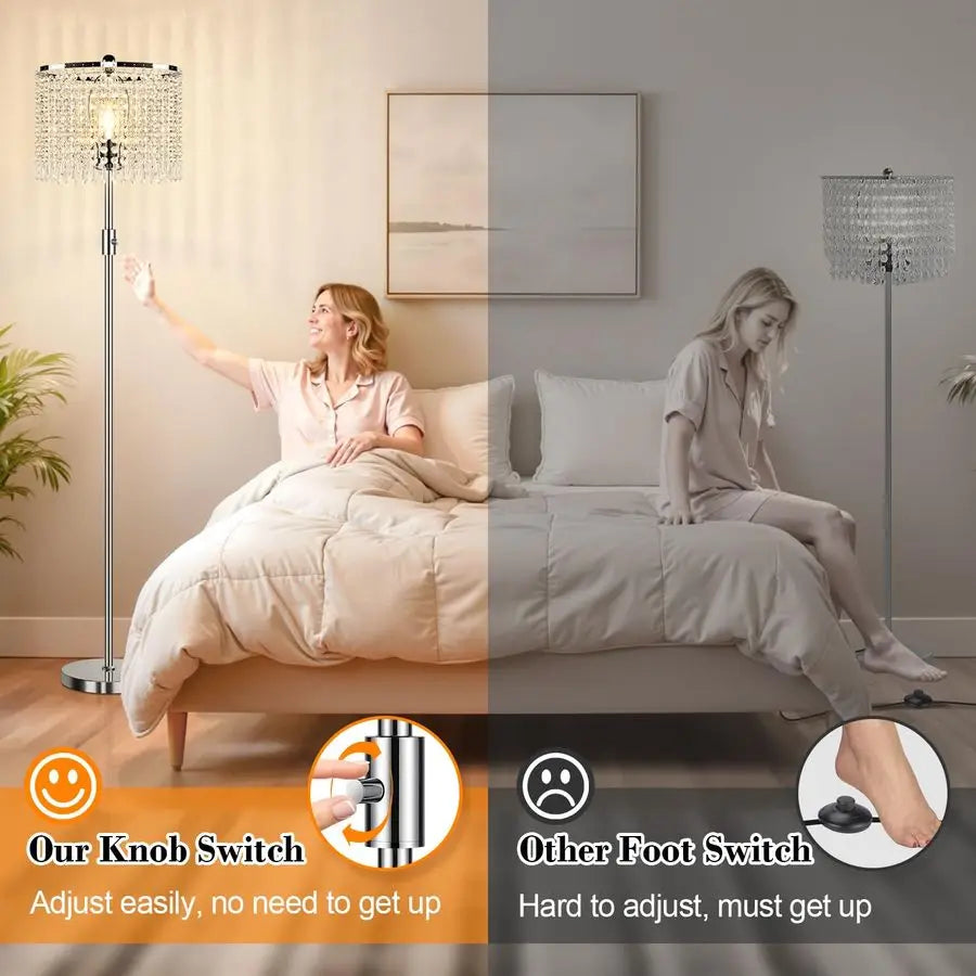 Dimmable Crystal Floor Lamps for Living Room, 1000LM LED Bulb Included, Standing Lamp with Knob Switch, Tall Silver Pole Light f