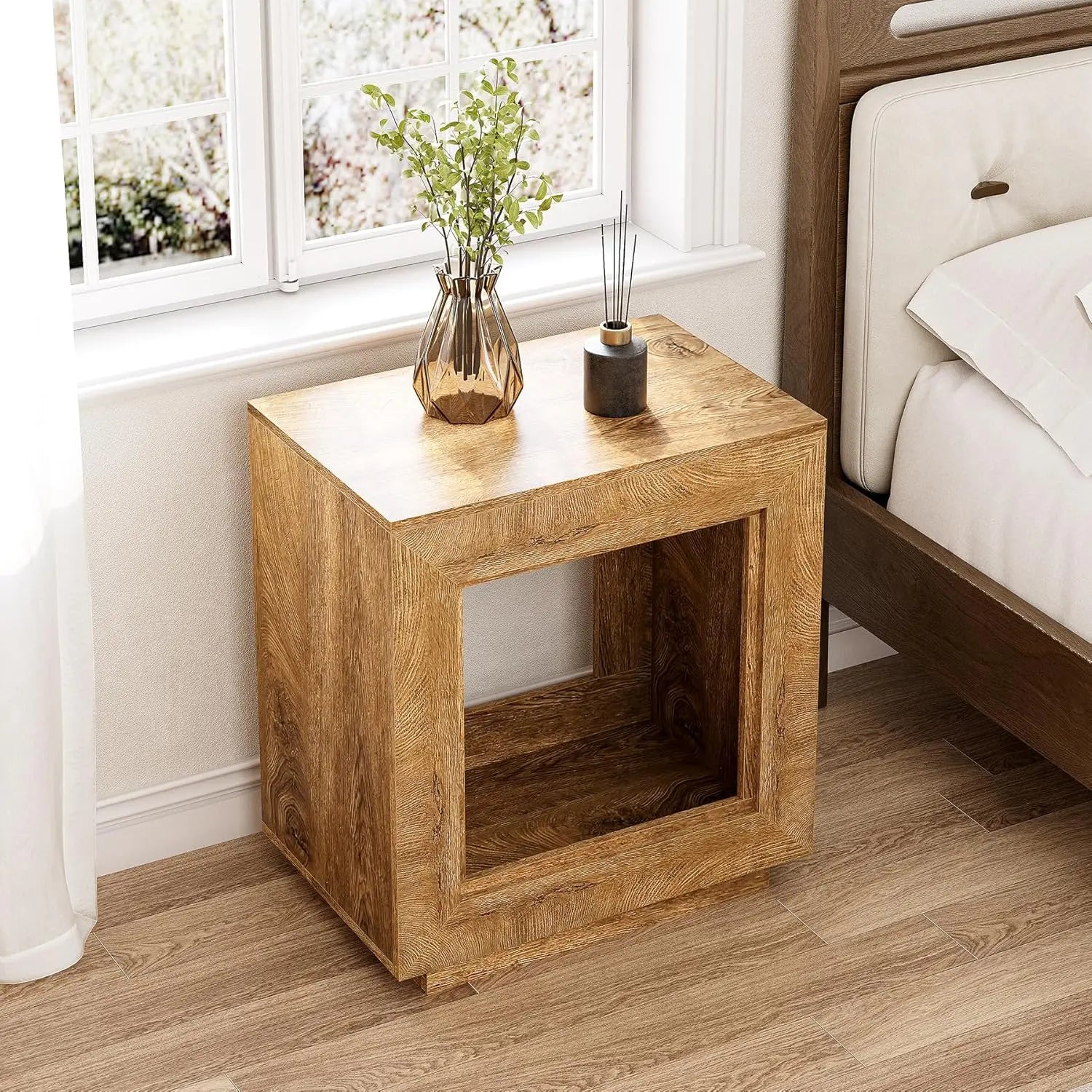 LITTLE TREE End Table, Wooden Square Side Table, Farmhouse Sofa Side Tables for Living Room, 2-Tier Bedside Table for Bedroom