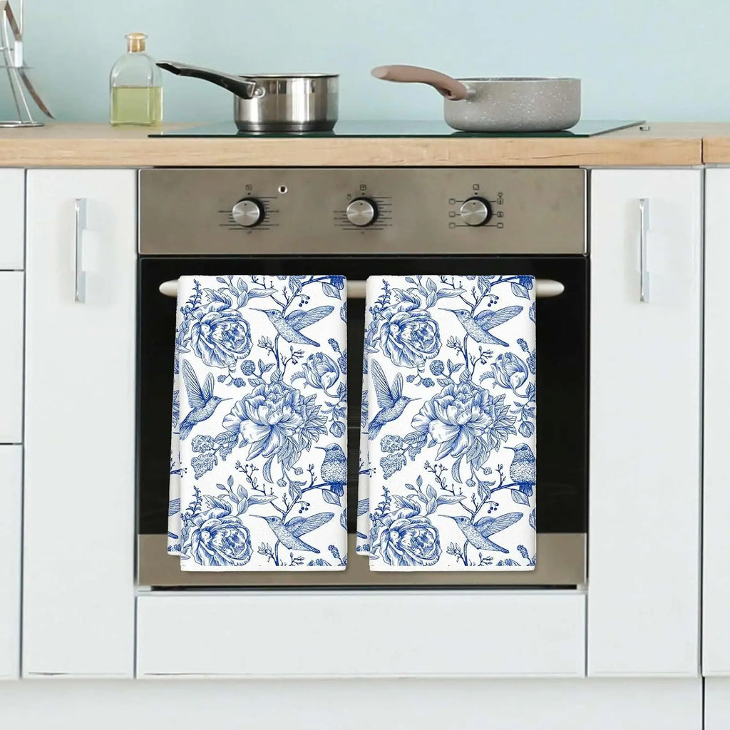 Chinoiserie Floral Kitchen Towels Blue White Flowers Bird Dish Towels