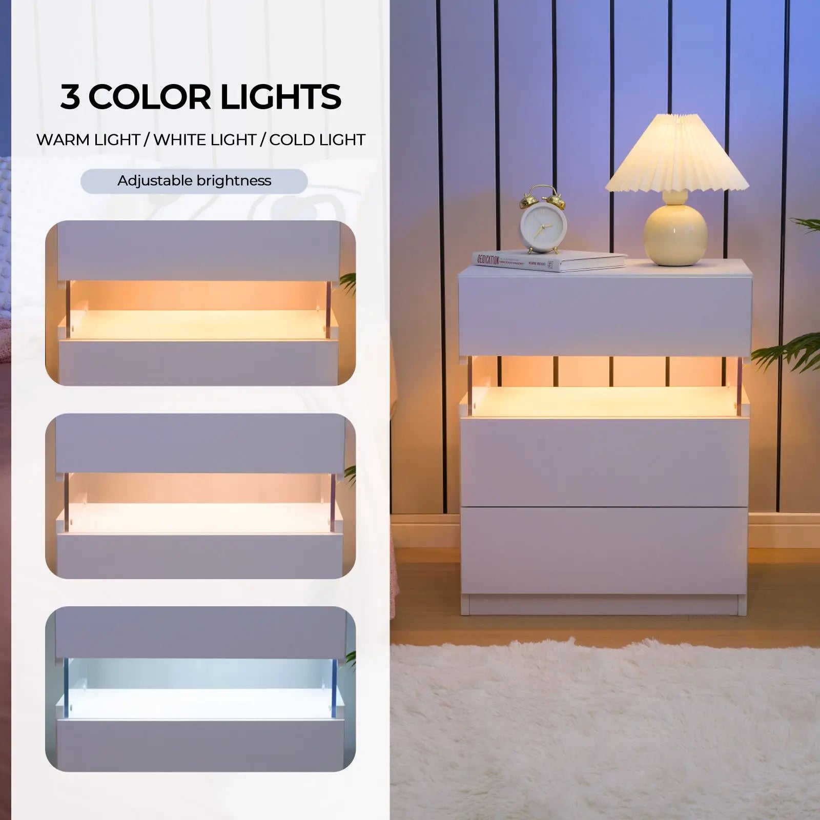 Cubehom Bedside Tables 2 Set with LED Lighting White Bedside Table with 3 Drawers