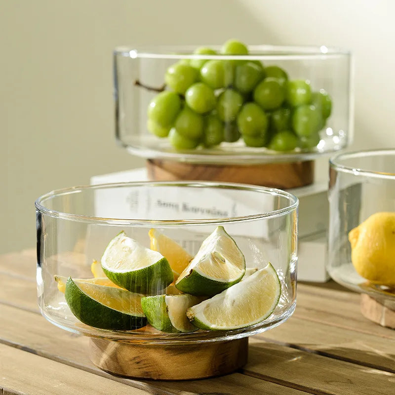 Glass Fruit Bowl Fashionable Brief Salad Plate Wood Base Snacks Nuts Storage Bowls Home
