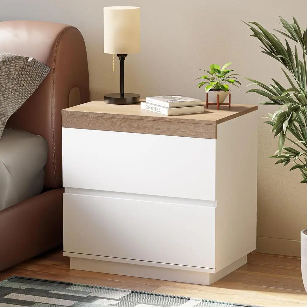Nightstand 2 Drawers, Table Wood End Table