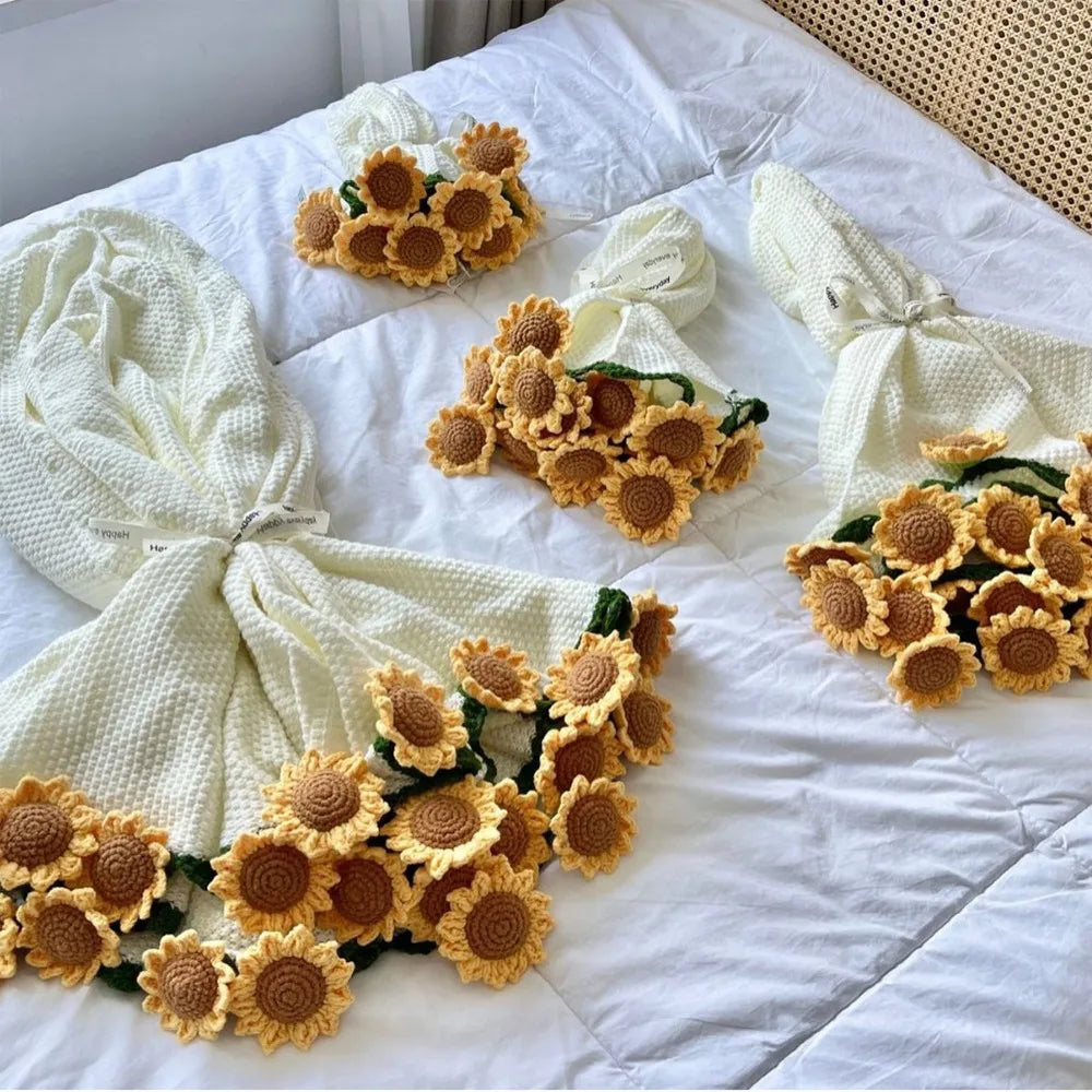 Crochet Rose Bouquet Blanket Fashion Finished Flower Bouquet Blanket Sunflower Carnation DIY Craft Knitted Blanket