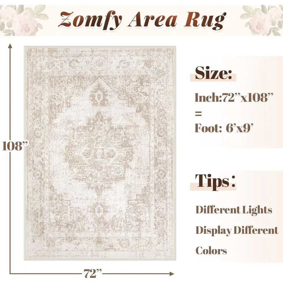 Rug 6x9 Vintage Rug Washable Indoor Medallion Rugs Low Pile Distressed