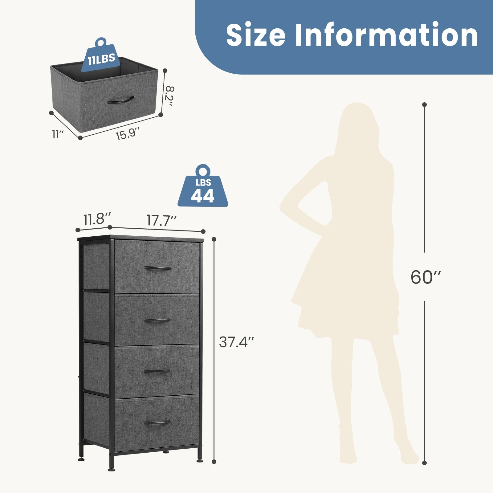 JHK Dresser For Bedroom With 4 Fabric Drawers Nightstand Wardrobe Steel Frame Closet