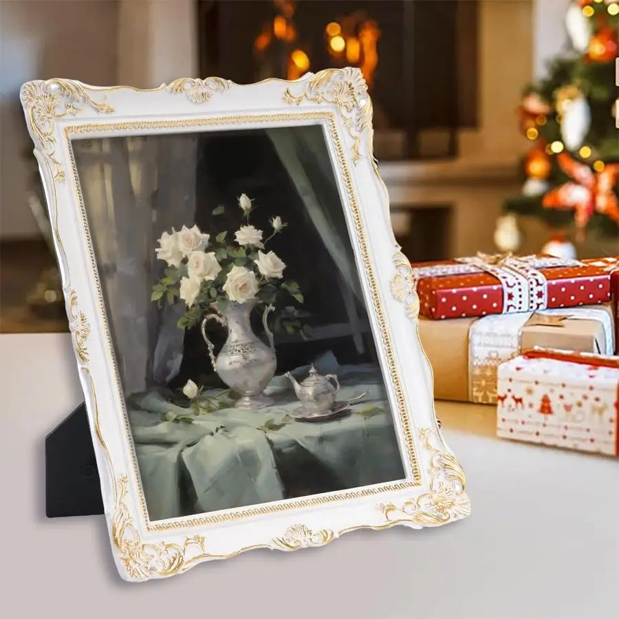 , White Antique Gothic Frames with Glass Front, Elegant Photo Frame for Wall or Tabletop Display