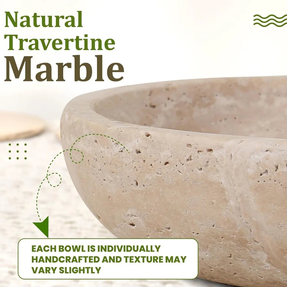 Travertine Decorative Bowl, 7.8" Diameter & 2" Height, Key Bowl for Entryway Table, Organic Modern Centerpiece in Beige/Natural
