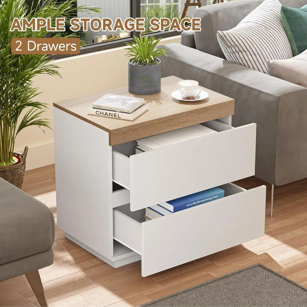Nightstand 2 Drawers, Table Wood End Table